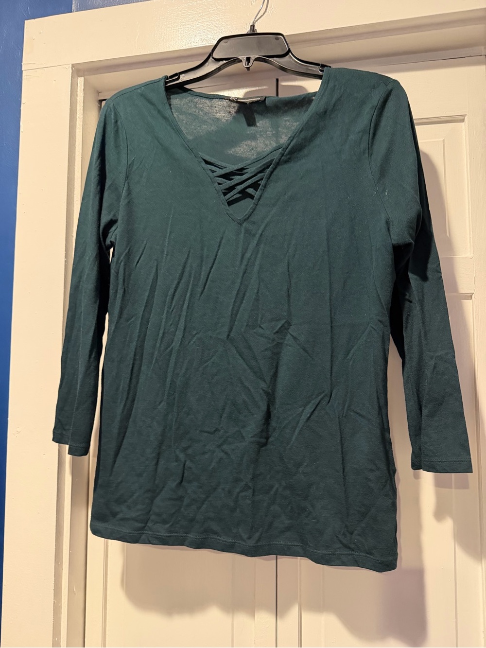 INC International Concepts Teal Crisscross V-Neck Long Sleeve Top
